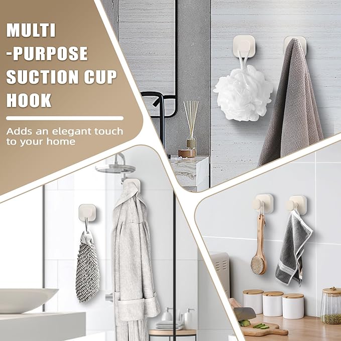No-Drill Reusable Suction Cup Hooks, Towel, Robe, Loofah, Coat Hook for Glass, Mirror, Tile, Shower, Bathroom, Kitchen & Metal (Smooth, Non-Porous Surfaces) (2, Milk White)