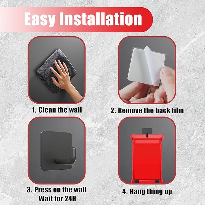 Emergency Fire Blanket Wall Hooks，Waterproof Stainless Steel Adhesive Hooks for Home Kitchen Bathroom Office and Outdoor (Black, 8 Pack)