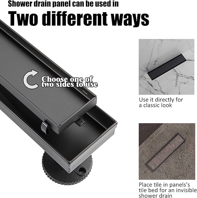 36 inch Linear Shower Drain with Removable Square Hole Panel by Using 304 Stainless Steel Process, Linear Drain Equipped with Adjustable Feet and Hair Strainer（Matte Black Color）