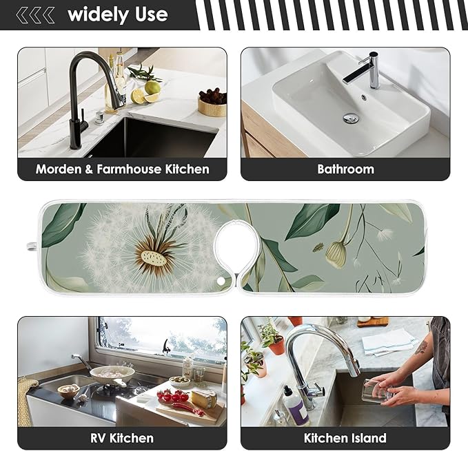 Sink Faucet Absorbing Mat Kitchen Sink Splash Guard Splash Faucet Drip Catcher for Bar RV Bathroom 2PCS 30x5.5in Sage Green Dandelion