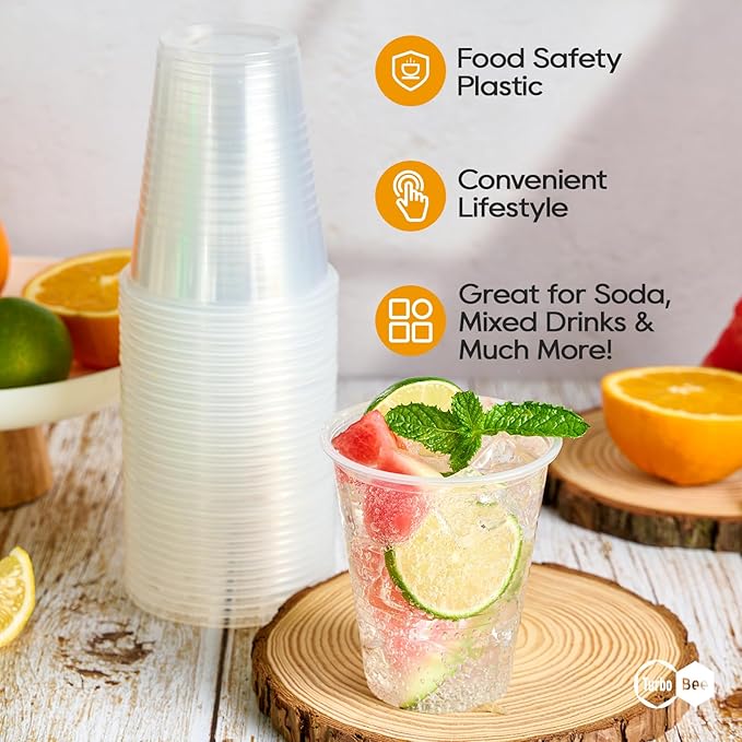 Turbo Bee 12oz Plastic Cups 300 Pack，Disposable Clear Drinking Cups for Home, School, Office & Events，Transparent Tumblers for Drinks, Samples & Commercial Use