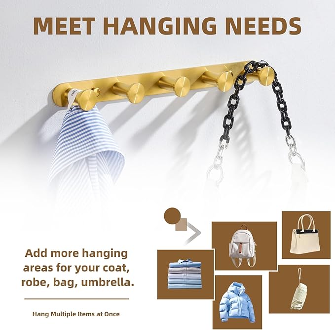 Angle Simple Towel Hook Rack Brushed Dark Gold, SUS304 Stainless Steel Bathroom Hook Rail 5 Hooks, Utility Kitchen Towel Holder, Wall Mount