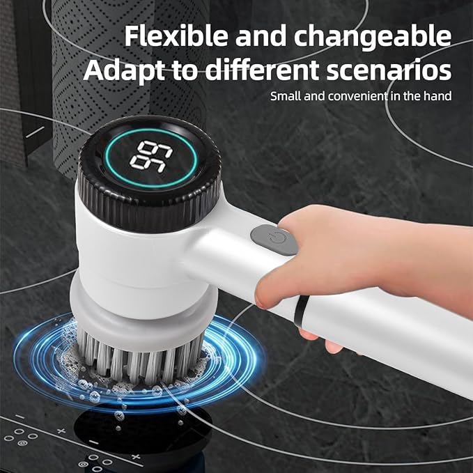 Irishom Electric Spin Scrubber with 5 Brush Heads, 3 Speeds Digital Display Handheld Cleaner for Kitchen, Bathroom, Pot, Pan (White)