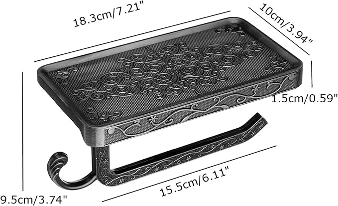 Vintage Carved Floral Toilet Paper Holder with Shelf - Matte Black Aluminum Bathroom Organizer, Wall Mounted Decorative Roll Holder for Bathroom/Vanity (7.24" Phone Shelf, Black Finish)