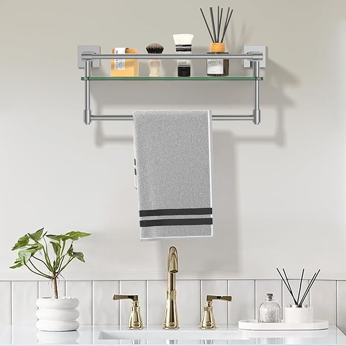 Glass Shelf for Bathroom 16 in Bathroom Shelves with Towel Bar Tempered Glass Shelves with Stainless Steel Towel Holder for Wall (Chrome Polished)