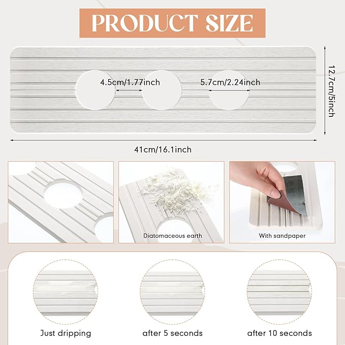 3 Hole White Faucet Mat for Kitchen Sink 16.1" x 5" Kitchen Faucet Absorbent Mat Diatomite Splash Guard for Sink Quick Drying Stone Drip Catcher for Bathroom Counter