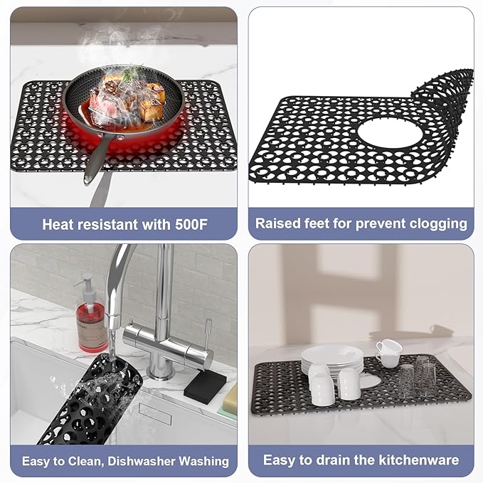 TOOVEM Kitchen Sink Mats, Sink Protectors for Kitchen Sink, 11.5 x 18.2 Inch Silicone Heat Resistant Non-Slip for Bottom of Kitchen Stainless Steel Sink Mats, Black