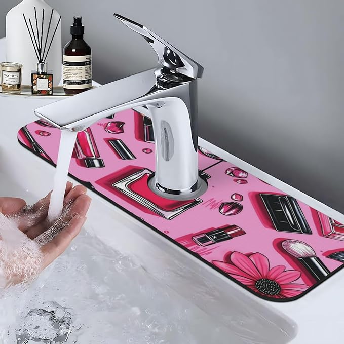 Beauty Makeup Set Pink 15" X 5.5" Kitchen Sink Splash Guard, Faucet Guard Draining Mat, Faucet Suction Pad For Kitchen Bathroom
