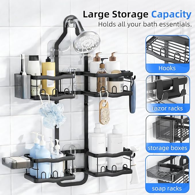 GearFusion Aluminum Alloy Shower Caddy Hanging, No Drilling Over the Shower Head Caddy, 2 Levels Showers Rack Organizer with Hooks, Razor Holder, Soap Holder