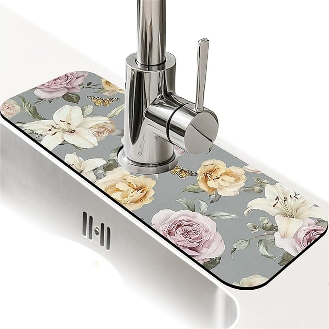 Kitchen Sink Splash Guard，Watercolor roses and lilies Faucet Mat Sink Gadgets-Super Absorbent Fast Drying Mat Drip Catcher for Kitchen, Bathroom,Sink Mat, Dish Drying Mat, Bathroom(15" X 5.5" )