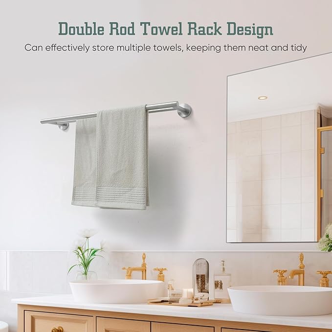 Towel Rack for Bathroom, 24 Inch Dual Towel Bar, Stainless Steel Wall Mounted Towel Holder Modern Home Decor Bathroom Accessories, Brushed Nickel