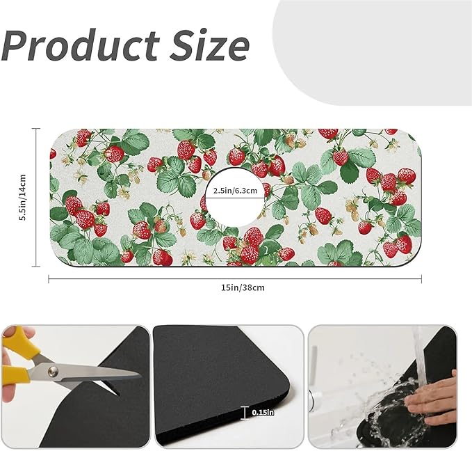 Kitchen Sink Splash Guard，Retro Strawberry Faucet Mat Sink Gadgets-Super Absorbent Fast Drying Mat Drip Catcher for Kitchen, Bathroom,Sink Mat, Dish Drying Mat, Bathroom(15" X 5.5" )