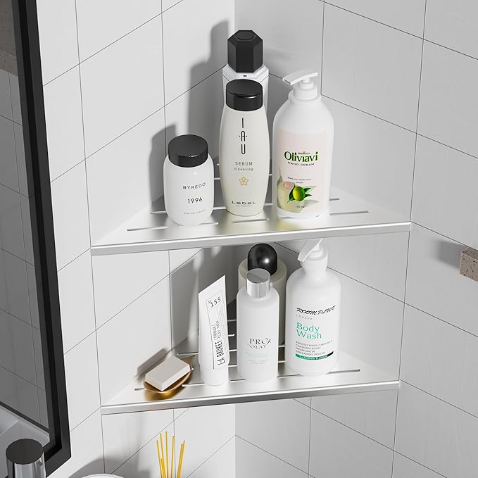 Neodrain 12 Inch Brushed Corner Shelf Set of 2, Floating Corner Shelves for Wall, 304 Stainless Steel Wall Storage Shelves for Bathroom, No Drilling