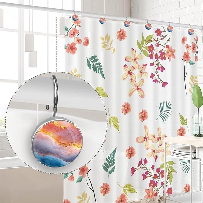 Multicolor Marble Decorative Shower Curtain Hooks,12 Pcs Rust Proof Glass Surface Stainless Steel Curtain Rings for Bathroom Bedroom Living Room Shower Rods Decor