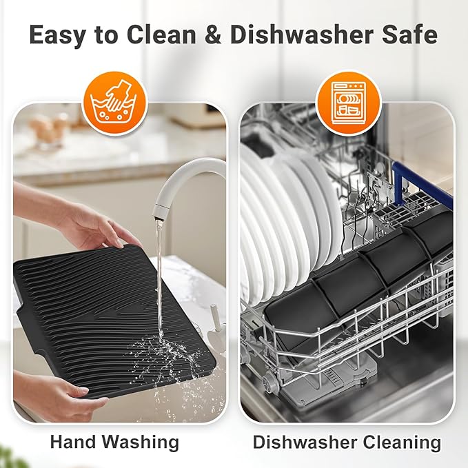 Silicone Dish Drying Mat for Kitchen Counter, 19.7" x 17" Dish Drying Pad, Non-Slip Drain Pad with Built-in Drain, Heat Resistant Stone Drying Mat, Black