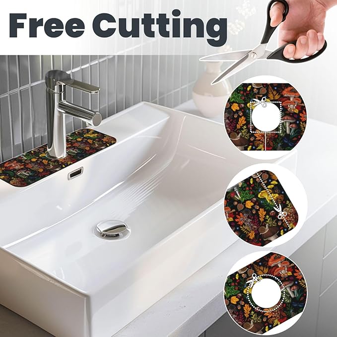 Mushroom Forest Butterfly Kitchen Sink Splash Guard Faucet Mat 1 Pcs, Absorbent Fast Drying Mat Gadgets Splash Guard For Bathroom 15 X 5.5 Inches