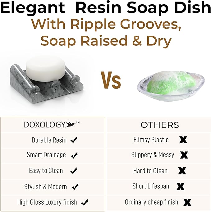 DOXOLOGY Gray Stone Marble Soap Dish Bathroom Organizer - Resin Soap Dish with Rectangular Design 3.7" L x 2.8" W - Self Draining Soap Dishes Keeps Countertop Neat - Marble Look Soap Tray for Sink