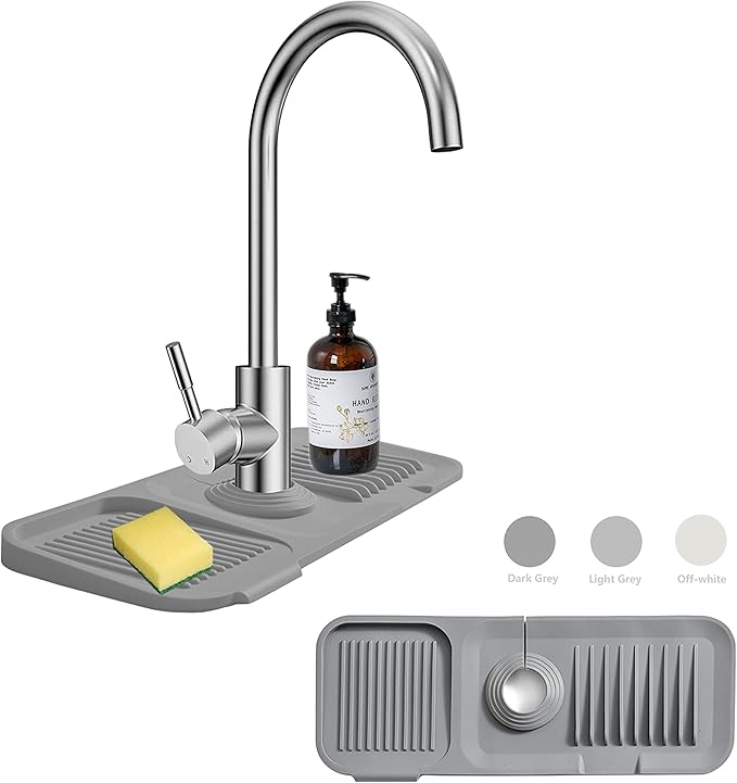 Kitchen Sink Splash Guard Sponge Holder - Silicone Faucet Drip Catcher Tray - Sink Protector - Fits Faucet Tube within 2.5" (Dark Grey, 14.6")
