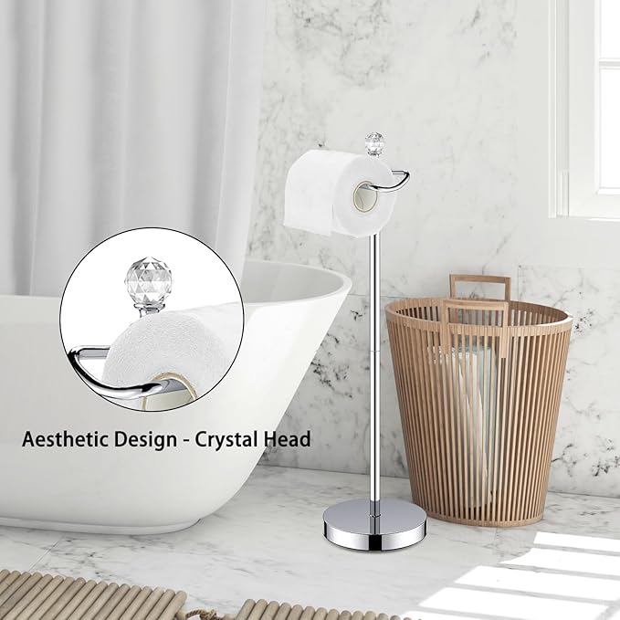 Toilet Paper Holder Stand (with Reserve Function) Free Standing Toilet Paper Holder for Bathroom Total Height 24.4" with Crystal Finial, Chrome Finish