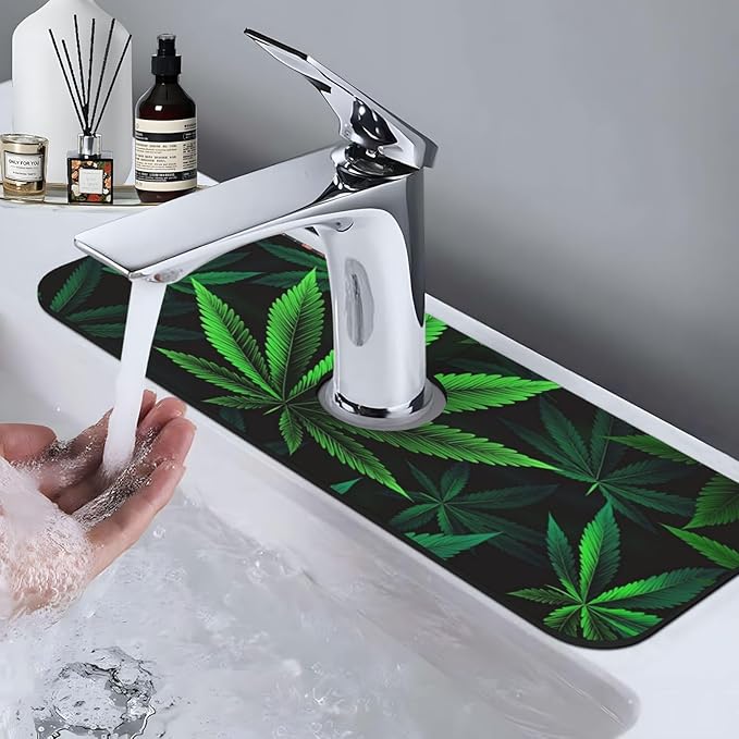 Cannabis Leaf 15" X 5.5" Kitchen Sink Splash Guard, Faucet Guard Draining Mat, Faucet Suction Pad For Kitchen Bathroom