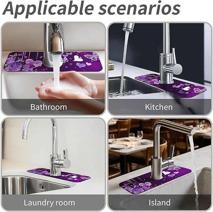 Kitchen Sink Splash Guard，Purple flowers and butterflies Faucet Mat Sink Gadgets-Super Absorbent Fast Drying Mat Drip Catcher for Kitchen, Bathroom,Sink Mat, Dish Drying Mat, Bathroom(15" X 5.5" )
