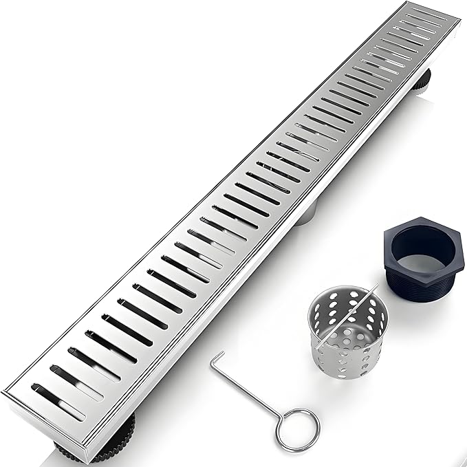 28 Inch Linear Shower Drain Bathroom Kitchen Silver Floor Drain Removable Capsule Pattern Cover Accessories Shower Drain 304 Stainless Steel Drain with Hair Strainer Adjustable Leveling Feet