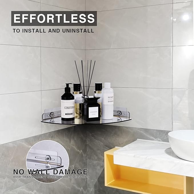 Acrylic Corner Shelves, 2 Pack Adhesive Shower Caddy Organizer for Tile Walls, Wall Mounted Clear Bathroom Shelves for Inside Shower & Kitchen Storage