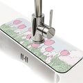 Kitchen Sink Splash Guard，pink tulips,white rabbits Faucet Mat Sink Gadgets-Super Absorbent Fast Drying Mat Drip Catcher for Kitchen, Bathroom,Sink Mat, Dish Drying Mat, Bathroom(15" X 5.5" )