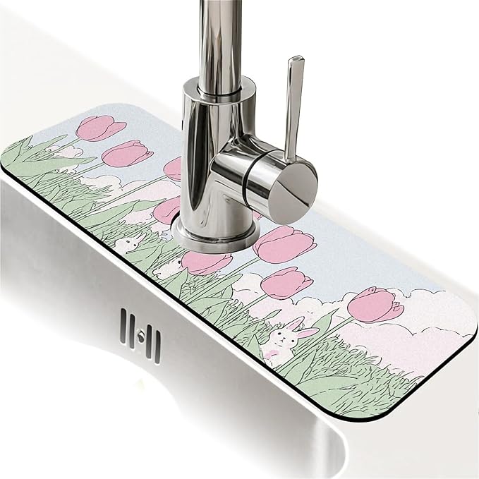 Kitchen Sink Splash Guard，pink tulips,white rabbits Faucet Mat Sink Gadgets-Super Absorbent Fast Drying Mat Drip Catcher for Kitchen, Bathroom,Sink Mat, Dish Drying Mat, Bathroom(15" X 5.5" )