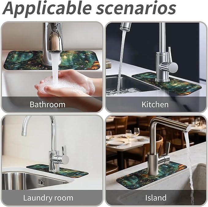 Kitchen Sink Splash Guard，Magical fairy tale forest Faucet Mat Sink Gadgets-Super Absorbent Fast Drying Mat Drip Catcher for Kitchen, Bathroom,Sink Mat, Dish Drying Mat, Bathroom(15" X 5.5" )