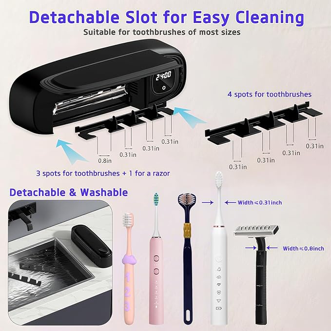Wall Mounted Toothbrush Holders for Bathrooms, 4 Slots UV Toothbrush Sanitizer and Holder with Air Drying 3000mAh Rechargeable Cordless UV Toothbrush Cleaner with Timer Function & No Drilling (Black)