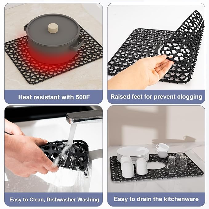 TOOVEM Silicone Sink Protectors for Kitchen, Kitchen Sink Protector Mat, 11.5 x 16.2 Inch Silicone Heat Resistant Non-Slip Sink Mats for Bottom of Kitchen Stainless Steel, Black