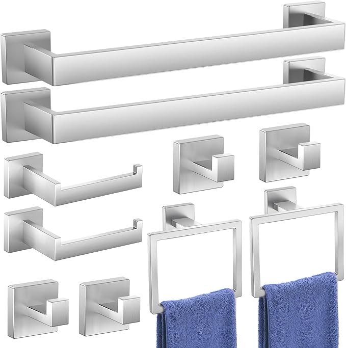 Bathroom Hardware Accessories Set: 10-Pieces Bath Towel Bar Set, Towel Racks for Bathroom Wall Mounted, SUS304 Stainless Steel, Brushed Nickel