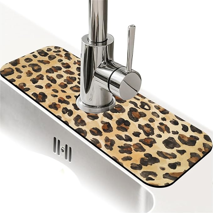 Faucet Draining Mat For Kitchen Sink, Brown Leopard Diatom Mud Absorbent Drain Pad For Bathroom Kitchen Sink Splash Guard Drying Mat
