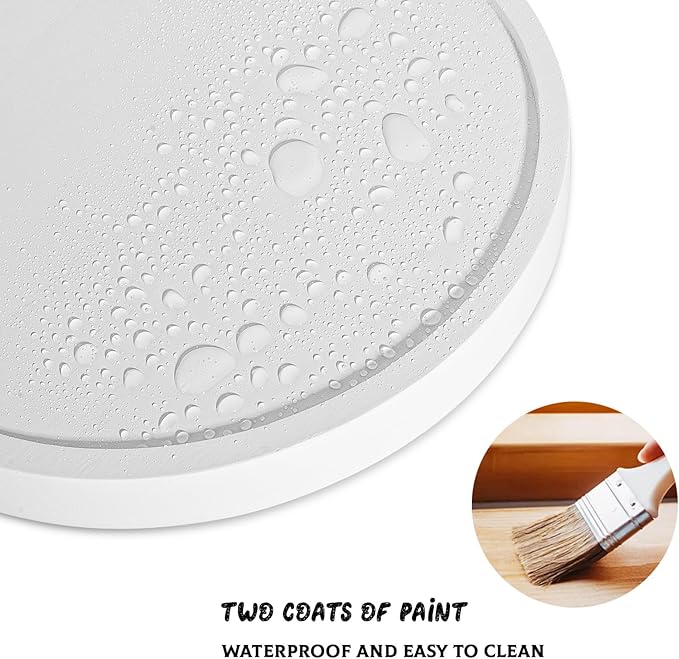 Round Decorative Tray Wood Bathroom Counter Organizer Farmhouse Kitchen Decor Wooden Riser for Soap Dish, Perfume, Candle, Sponge, 11" - White