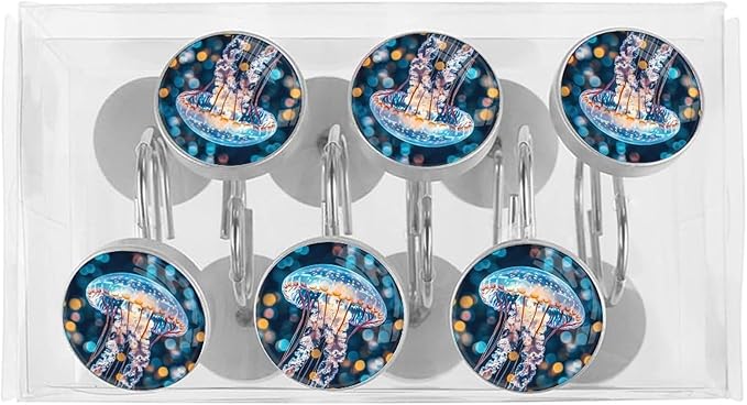 Jellyfish Decorative Shower Curtain Hooks,12 Pcs Rust Proof Glass Surface Stainless Steel Curtain Rings for Bathroom Bedroom Living Room Shower Rods Decor