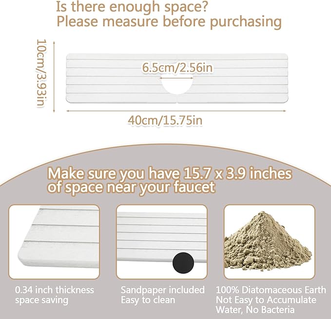 Quick Drying Stone Faucet Mat for Kitchen, Super Absorbent Diatomite Sink Tray Fast Drying Splash Guard, Durable Protector for Kitchen Sink/Bathroom Counter(15.8" x 3.9",White)