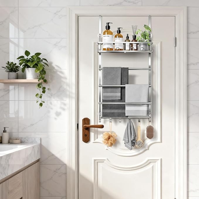 Towel Racks for Bathroom Over The Door Towel Rack Towel Storage with Metal Shelf Basket and Hooks Silver