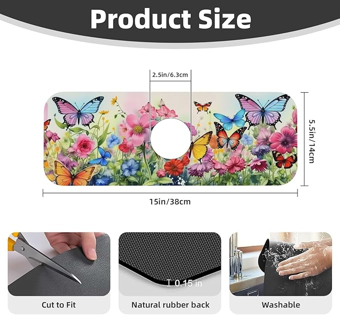 Butterfly Floral Garden 15" X 5.5" Kitchen Sink Splash Guard, Faucet Guard Draining Mat, Faucet Suction Pad For Kitchen Bathroom