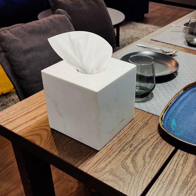 Natural Marble Tissue Box Cover, Exquisite Marble Square Tissue Box Holder, Elegant & Luxurious Decoration for Bathroom,Home & Office