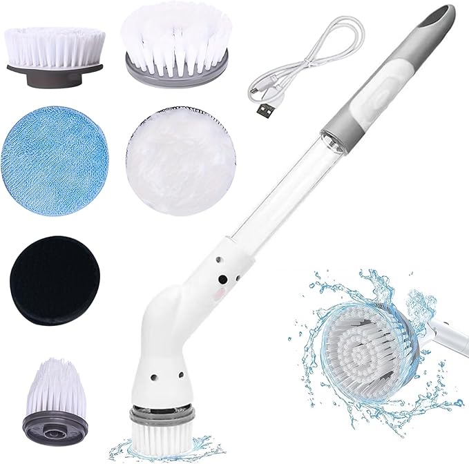 Kitchen Brushes, Electric Cleaning Brush Cordless Electric Spin Scrubber with Adjustable Stretchable Arm and 6 Replacement Brush Heads Spin Scrubber for Tile Floor Cleaning Tool, Set 1