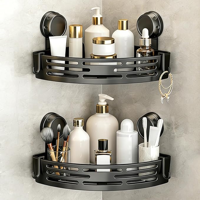 Triangle Suction Cup Shower Caddy, No-Drill Bathroom Corner Shelf, Small Bathroom Storage Cabinet, Easy To Install, Heavy-Duty Strong Hold Shower Storage Rack For Shampoo & Soap (Black*2)