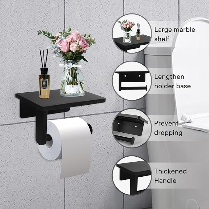 Toilet Paper Holder with Marble Shelf for Bathroom Washroom,Wall Mounted Tissue Holder Suitable for Mega Roll (Small 6.7 * 4.3 in, Black)