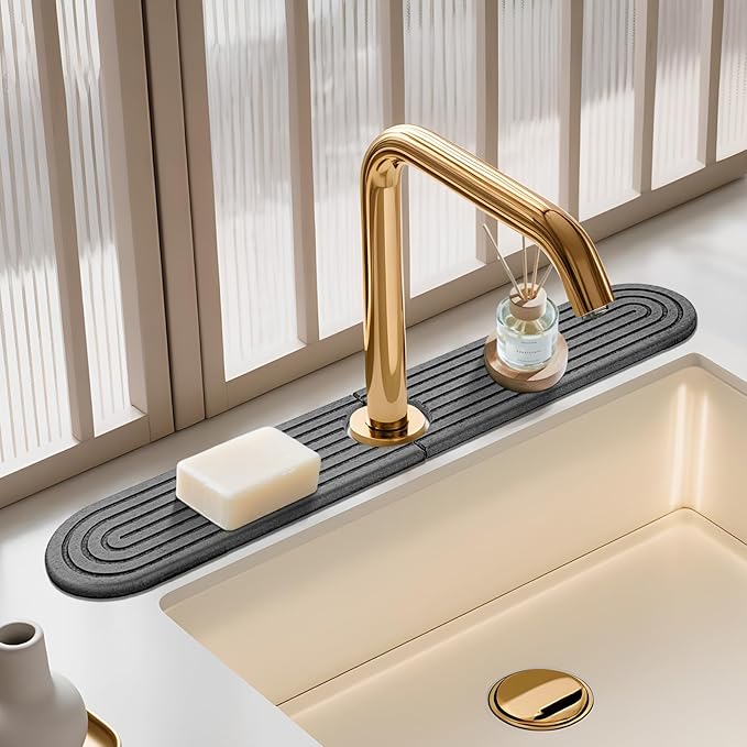 Dark Gray-Oval 23.6" Diatomite Kitchen Faucet Mat & Stone Sink Tray – Quick Drying Super Absorbent Splash Guard for Kitchen Bathroom Sink Countertop Protector with Multiple Sizes Colors Styles