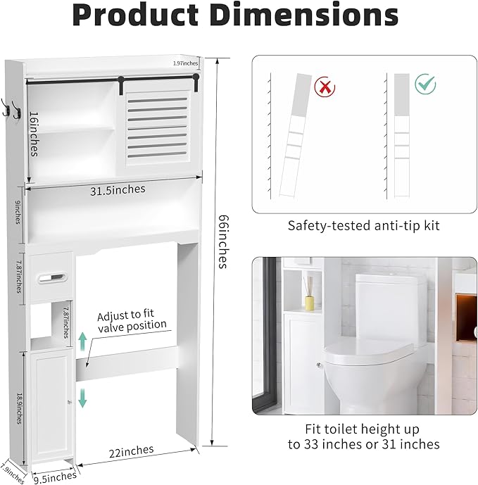 Over The Toilet Storage Cabinet, Bathroom Storage Cabinet Organizer, Above Toilet Rack with Door and Adjustable Shelves, Space Saver for Restroom, Laundry (White Right Side)