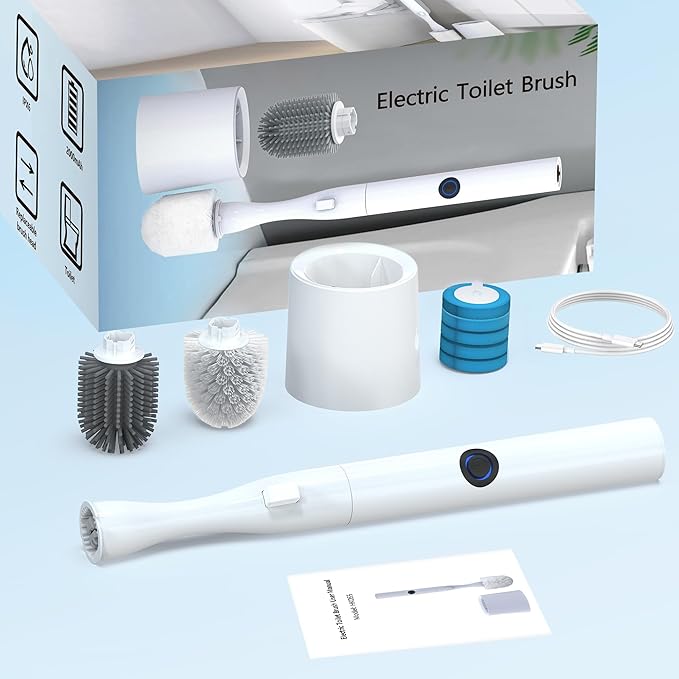 Electric Toilet Brush with Holder, Hands-Free Auto-Clamp Toilet Scrubber with 3 Replacement Heads (Silicone/Nylon/Disposable) and Gap Brush, Compact Bathroom Cleaning Set for RV
