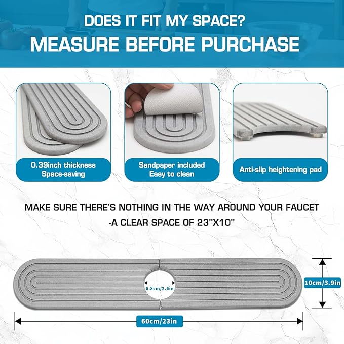 Diatomite Stone Faucet Mat For Kitchen Sink-Absorbent Fast Drying Stone Sink Tray,Faucet Splash Guard Counter,Quick Dry Sink Mat Around Faucet For Kitchen & Bathroom (Light Gray-Oval,23.6" x 4")