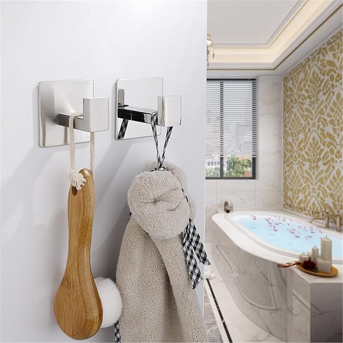 Flybath Coat Hook SUS 304 Stainless Steel Square Towel Robe Hooks Wall Mounted Self Adhesive (No Drilling), Brushed Finish - 2 Pack