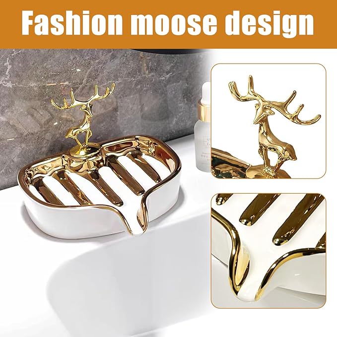 Soap Dish, Luxurious Ceramic Soap Dish Self Draining Soap Holder Tray Easy Cleaning Soap Saver for Shower Bathroom Kitchen Sink Bathtub Hotel Travel（White Painted in Gold）