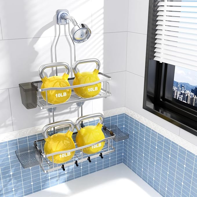 Hanging Shower Caddy Bathroom Organizer: Rustproof Shower Shelf Racks Over Shower Head - No Drilling Inside Bath Shower Rack Shelves Over Showerhead for Shampoo with Soap Holder Chrome